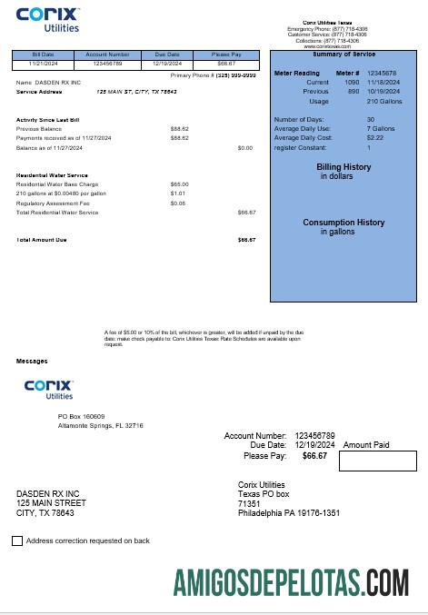 imprimível Modelo de fatura de serviços públicos da USA Corix Utilities em formatos Word e PDF